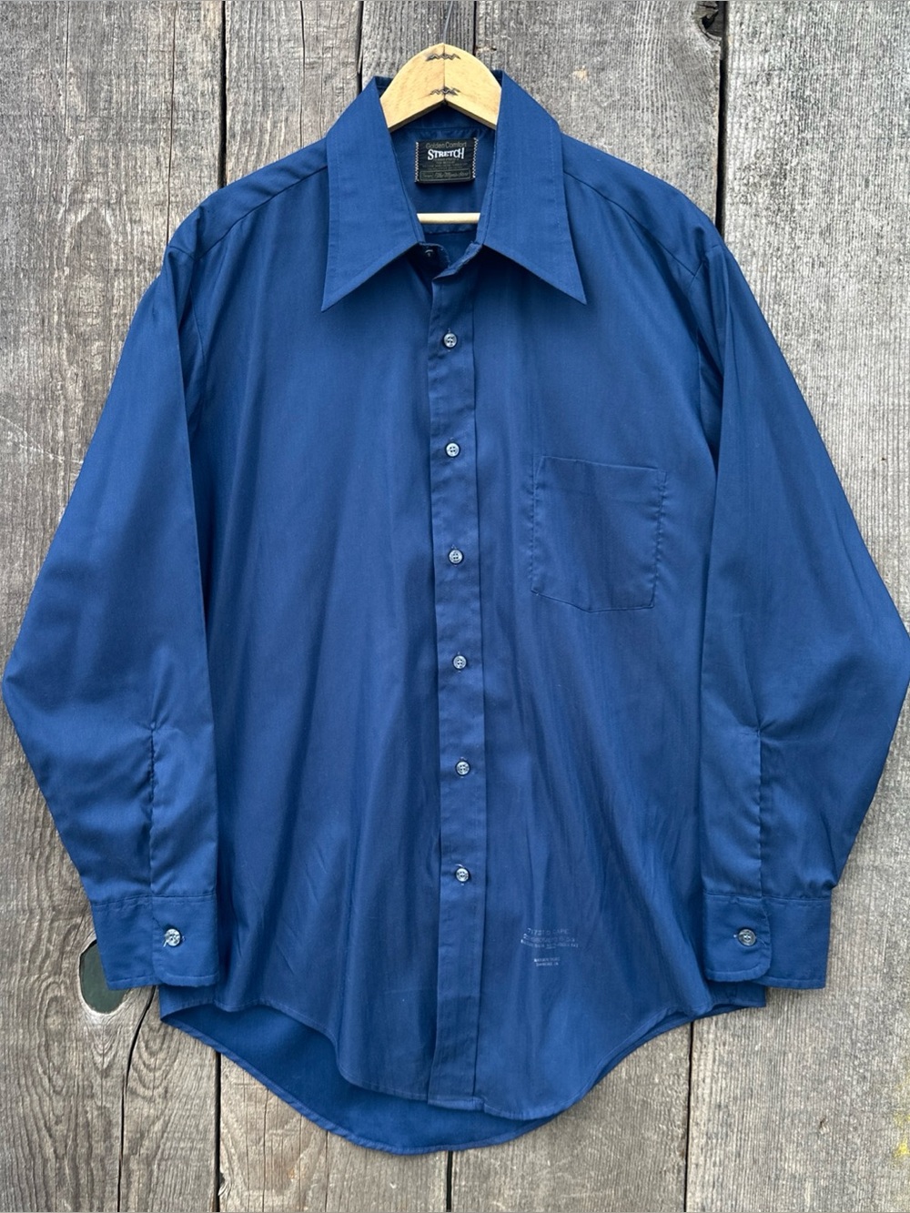 VTG 70s Dagger Collar Herringbone Navy Blue Button Up Sears 16 33